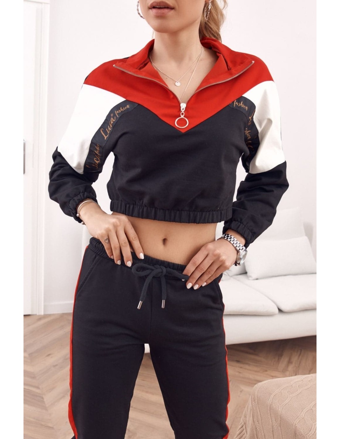 Bequemer Trainingsanzug, Sweatshirt mit Stehkragen und Hose, Rot und Schwarz 01039 - Online-Shop - Boutique